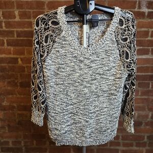 Escio Sweater Womens Large Marled Acrylic Knit Lace Sleeve Pullover Gray Black L